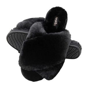 FamiPort Fuzzy Cross-Band Cushioned Non-Slip Indoor/Outdoor Slippers
